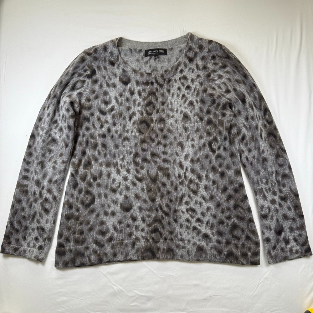 Jones New York‎ Large Gray Black 100% Cashmere Animal Leopard Print Sweater